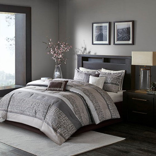 7 Piece Jacquard Comforter Set Grey/Taupe Queen Olliix.com