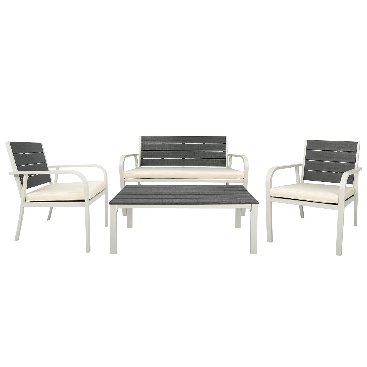 4 Pieces Patio Garden Sofa Conversation Set Wood Grain Design PE Steel Frame Loveseat All Weather Outdoor Furniture Set with Cushions Coffee Table for Backyard Balcony Lawn White House to Home Furnishings LLC