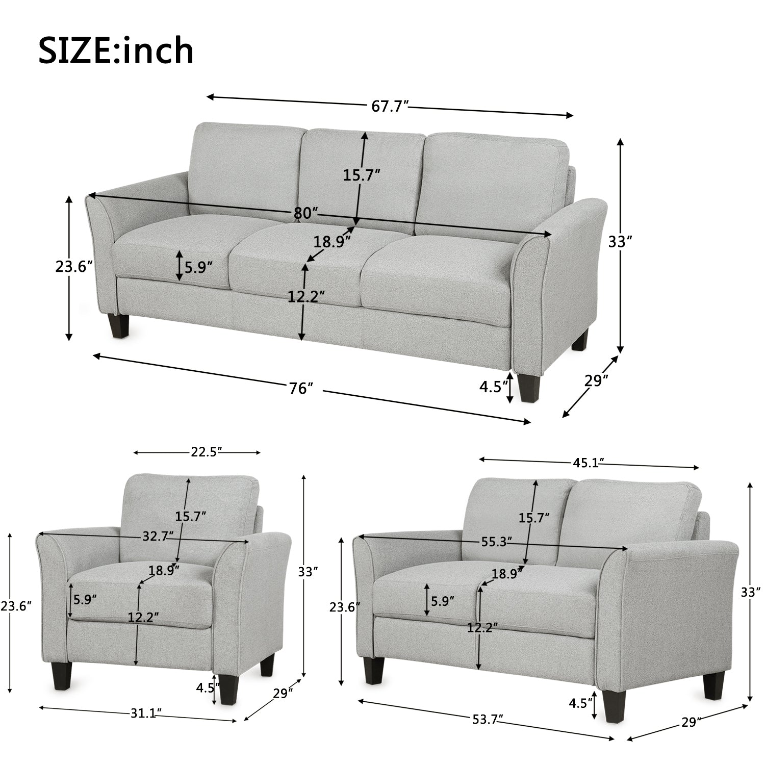 Living Room Sets Furniture Armrest Sofa Single Chair Sofa Loveseat Chair 3-Seat Sofa (ChairLoveseat Chair&3-Seat Sofa, Light Gray) House to Home Furnishings LLC