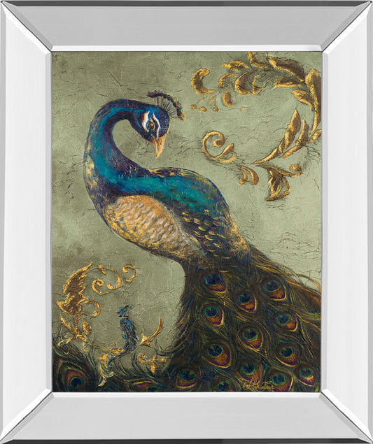 22x26 Peacock On Sage Il By Tiffany Hakimipour - Mirror Framed Print Wall Art - Blue Classy Art