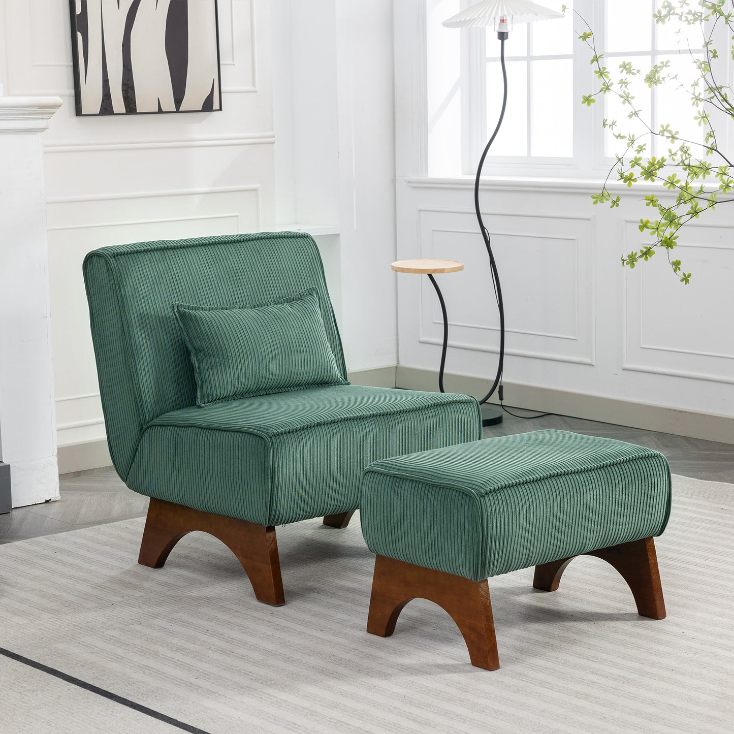 29.13" Wide Accent Chair with Ottoman lounge Armless chair Upholstered Reading Chair Single Sofa with Walnut Wooden Leg and Throw Pillow for Living Room Bedroom Dorm Room Office,  Green Corduroy House to Home Furnishings LLC