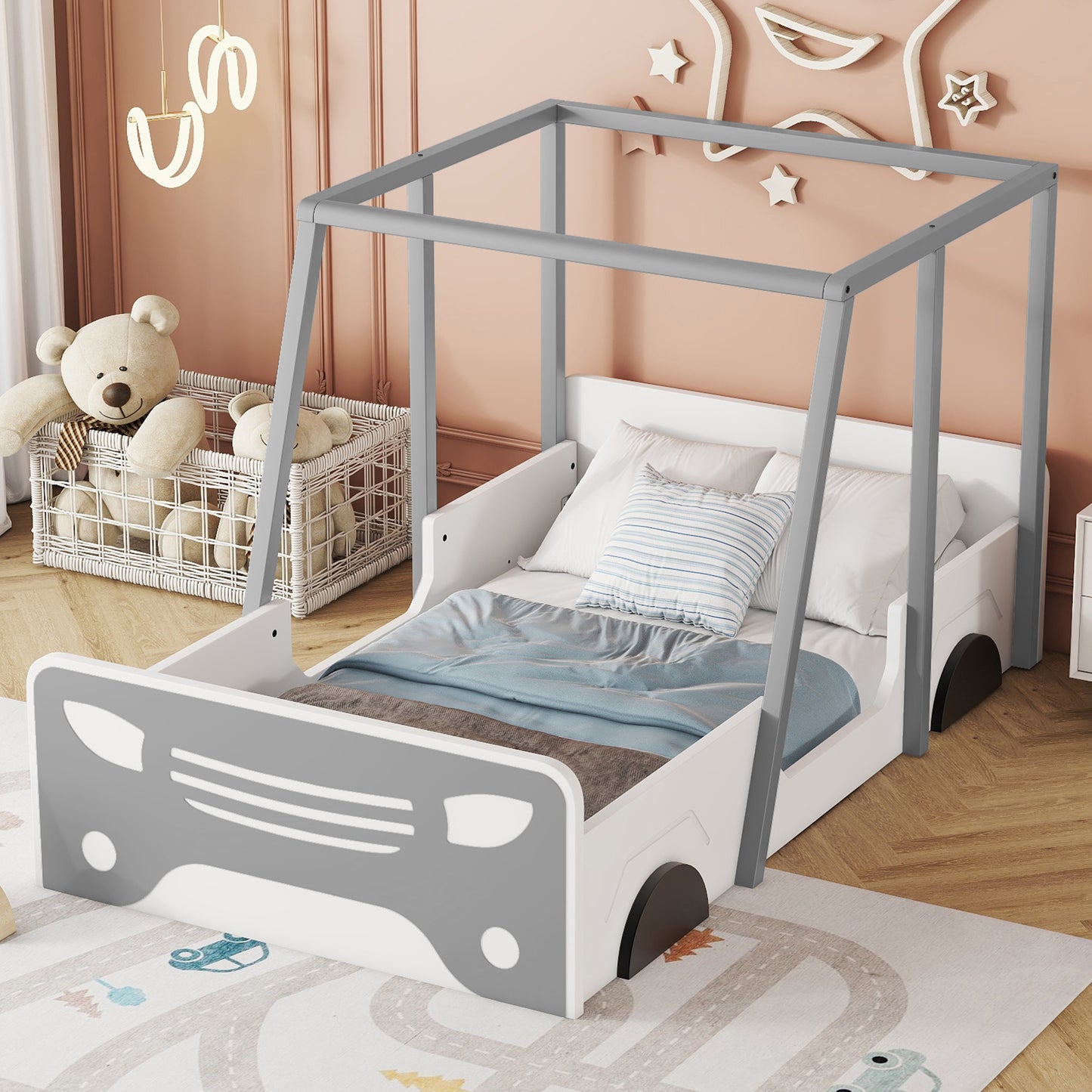 Twin Size Car-shaped Bed with Roof,Wooden Twin Floor Bed with wheels and door Design,Montessori Inspired Bedroom,Grey House to Home Furnishings LLC