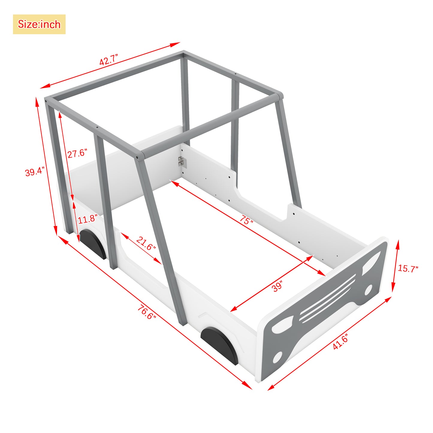 Twin Size Car-shaped Bed with Roof,Wooden Twin Floor Bed with wheels and door Design,Montessori Inspired Bedroom,Grey House to Home Furnishings LLC