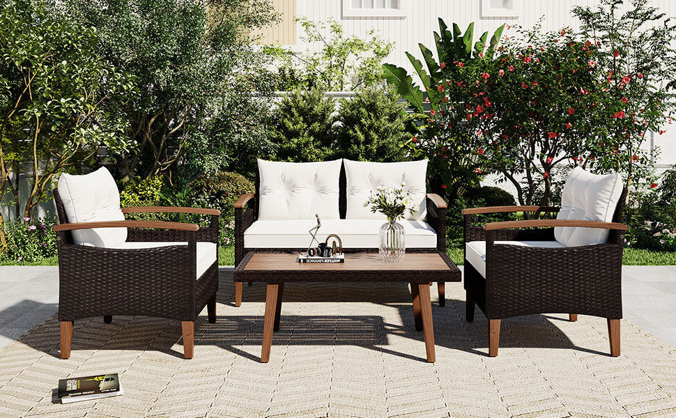 GO 4-Piece Garden Furniture,  Patio Seating Set, PE Rattan Outdoor Sofa Set, Wood Table and Legs, Brown and Beige House to Home Furnishings LLC