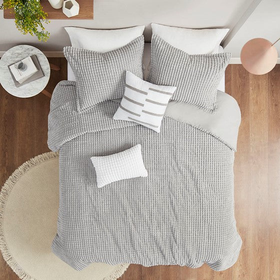 5 Piece Plush Clip Jacquard Duvet Cover Set Grey Cal King Olliix.com