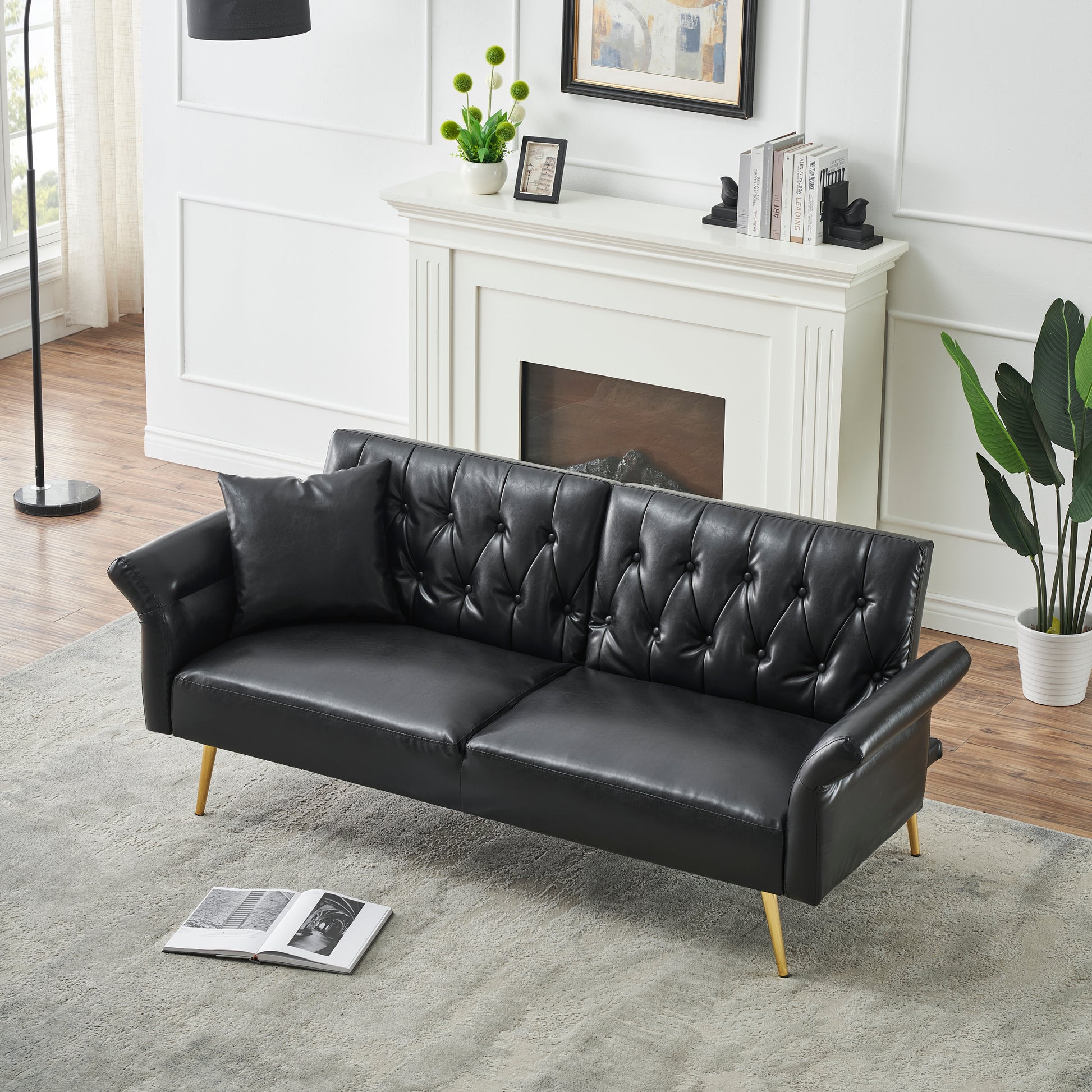 67.71 Inch Black Faux Leather sofa bed with adjustable arms House to Home Furnishings LLC