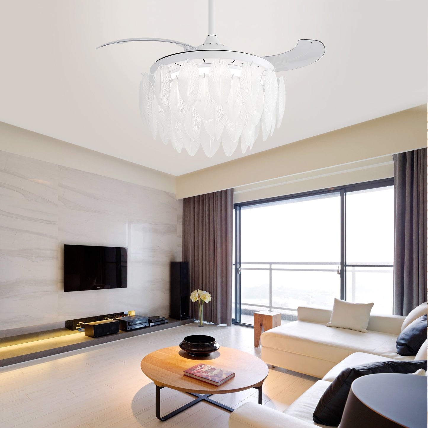 42 Inch” Modern Premium Unique Design Feather Crystal Glam Ceiling Fan With Light House to Home Furnishings LLC