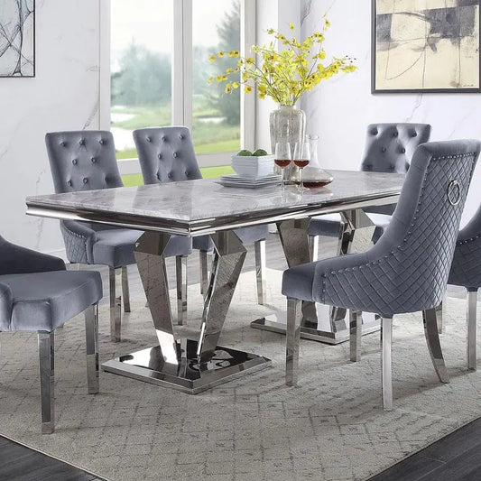 Satinka Light Gray Printed Faux Marble & Mirrored Silver Finish Dining Room Set ACME East