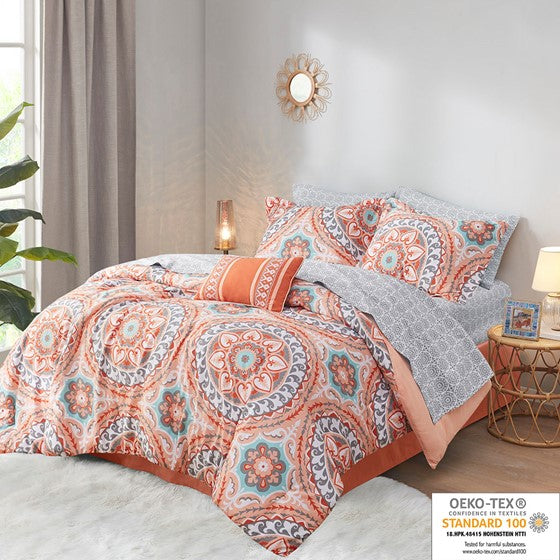 7 Piece Comforter Set with Cotton Bed Sheets Coral Twin XL Olliix.com