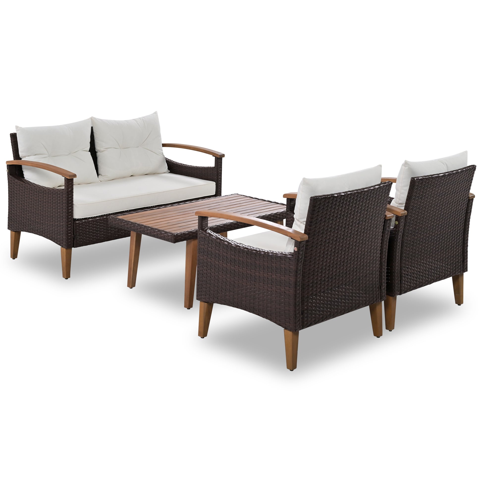 GO 4-Piece Garden Furniture,  Patio Seating Set, PE Rattan Outdoor Sofa Set, Wood Table and Legs, Brown and Beige House to Home Furnishings LLC