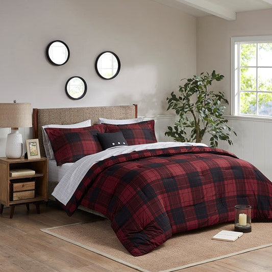 6 Piece Reversible Comforter Set with Bed Sheets Red Plaid Twin Olliix.com