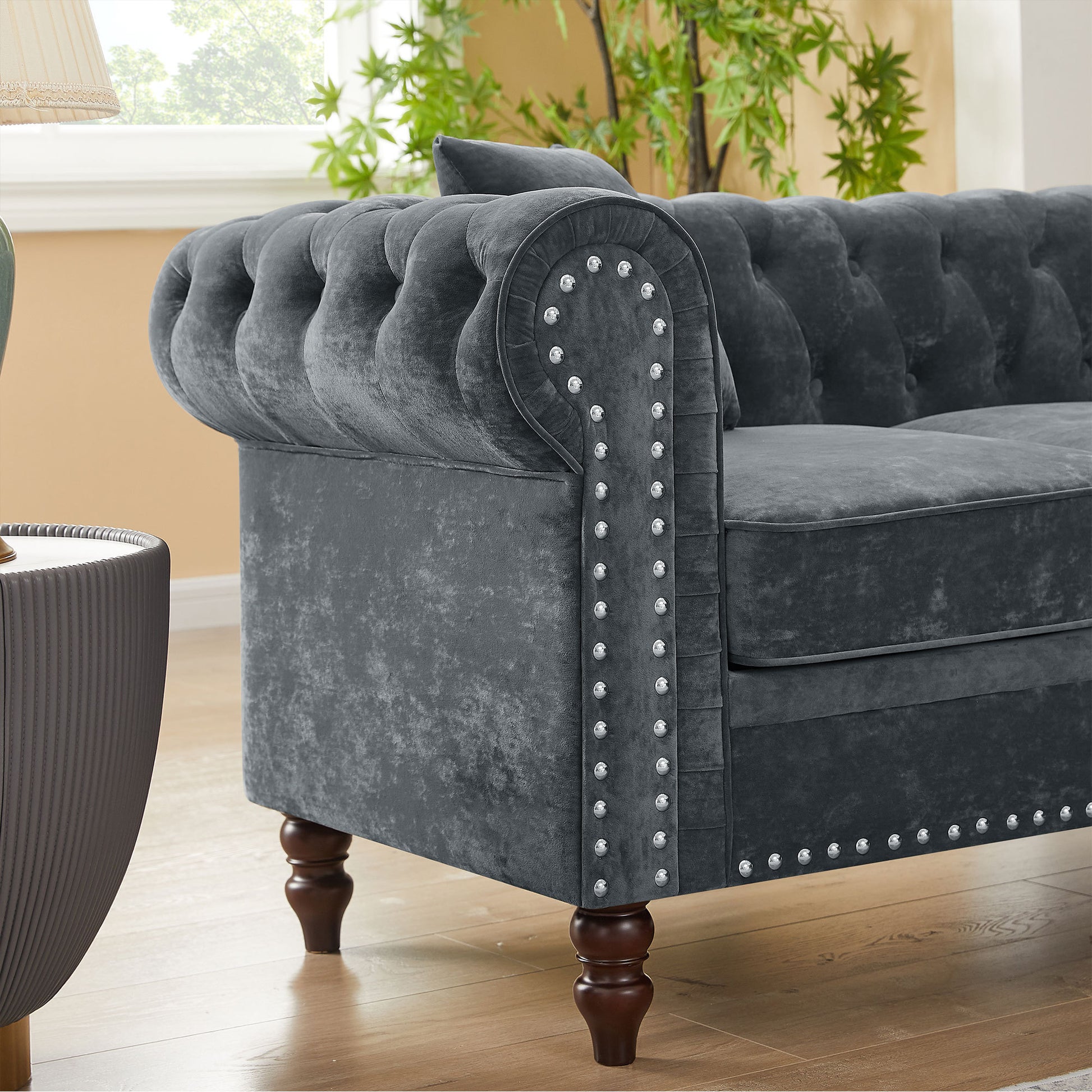 MH 80" Deep Button Tufted Upholstered Roll Arm Luxury Classic Chesterfield L-shaped Sofa 3 Pillows Included, Solid Wood Gourd Legs, Grey velvet ***(FREE SHIPPING)*** House to Home Furnishings LLC