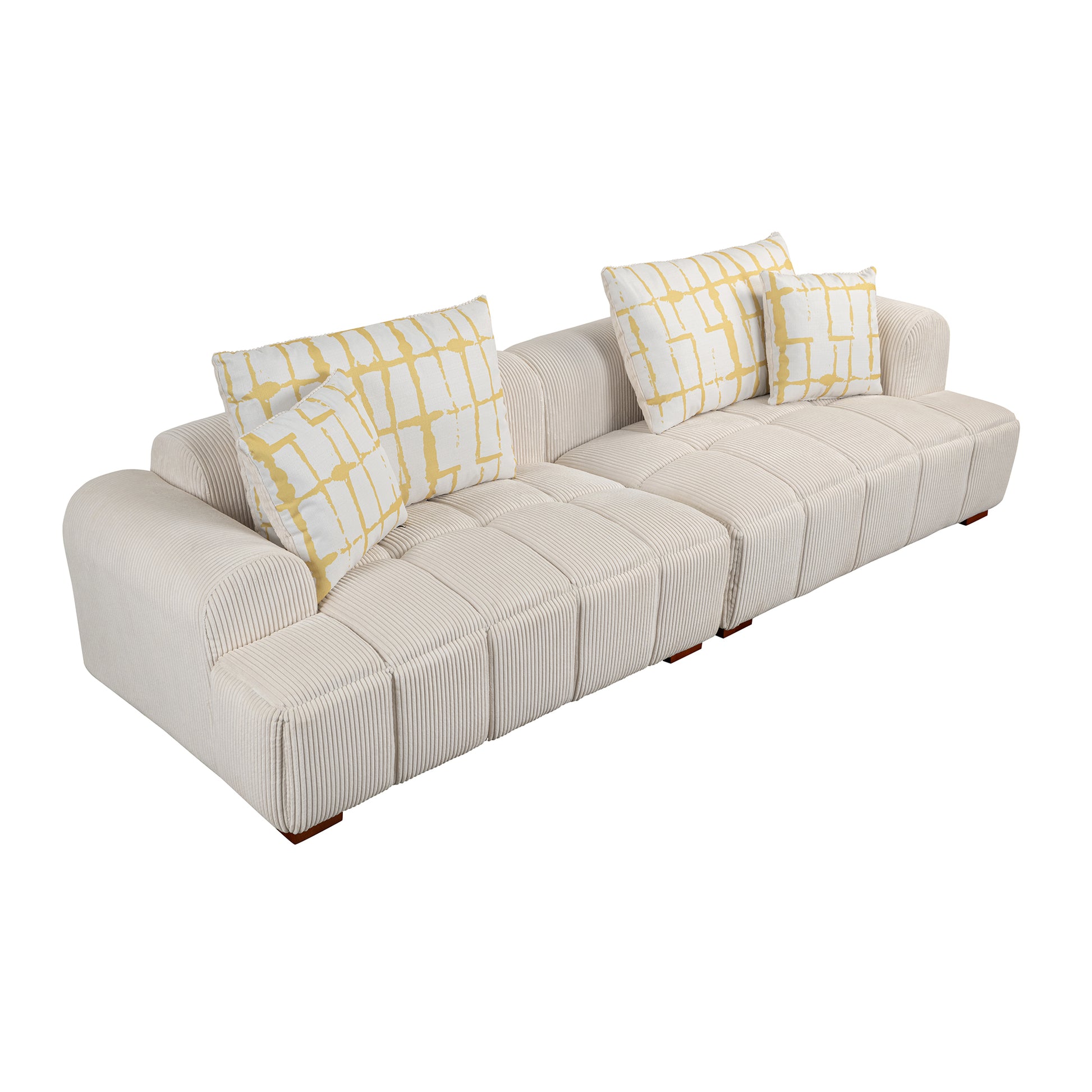 103.9" Modern Couch Corduroy Fabric Comfy Sofa with Rubber Wood Legs, 4 Pillows for Living Room, Bedroom, Office, Beige House to Home Furnishings LLC