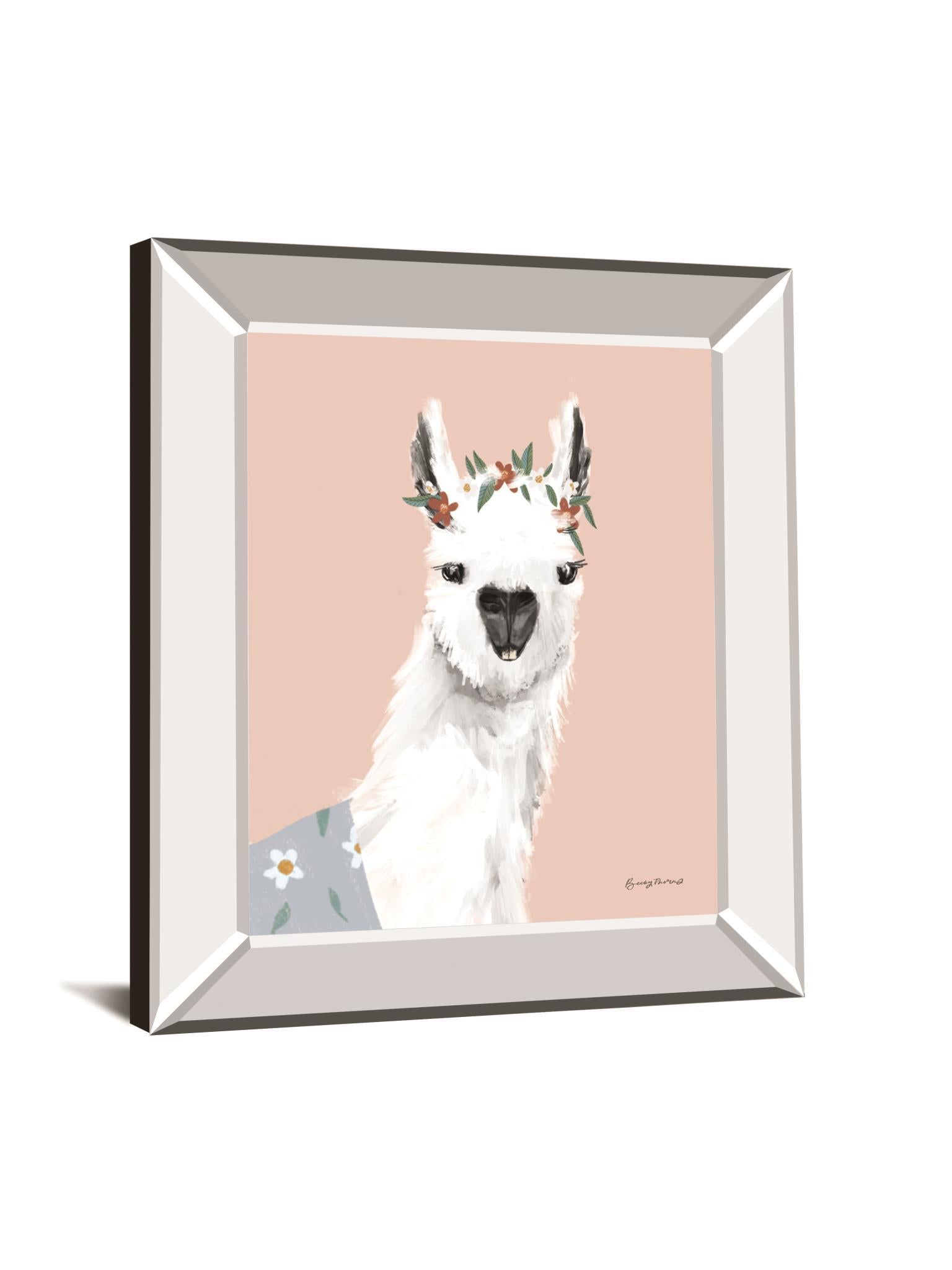 Delightful Alpacas I By Becky Thorns - Mirror Framed Print Wall Art - Pink Classy Art