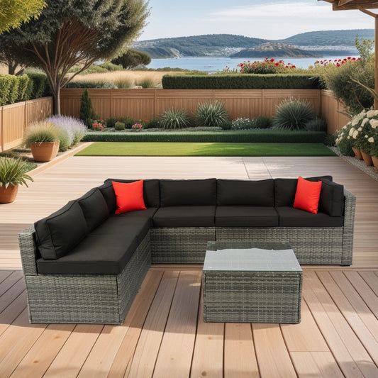 5 Pieces PE Rattan sectional Outdoor Furniture Cushioned U Sofa set with 2 Pillow Grey wicker + Black Cushion
