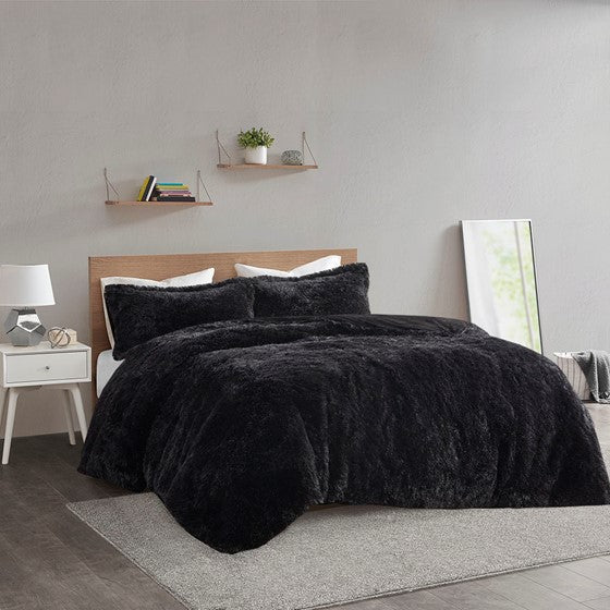 Shaggy Fur Duvet Cover Set Black Full/Queen Olliix.com