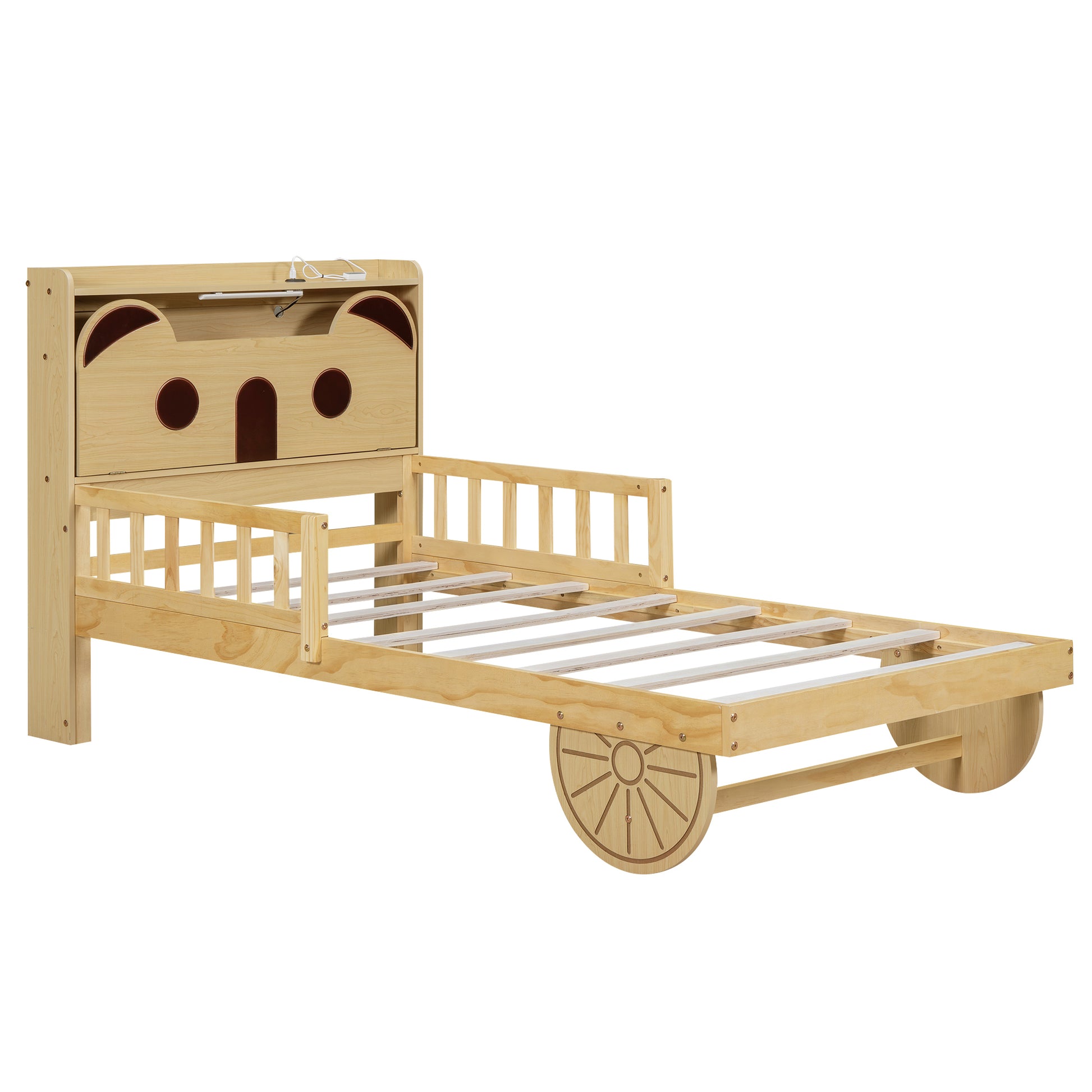 Twin Size Car Bed with Bear-Shaped Headboard, USB and LED, Natural House to Home Furnishings LLC