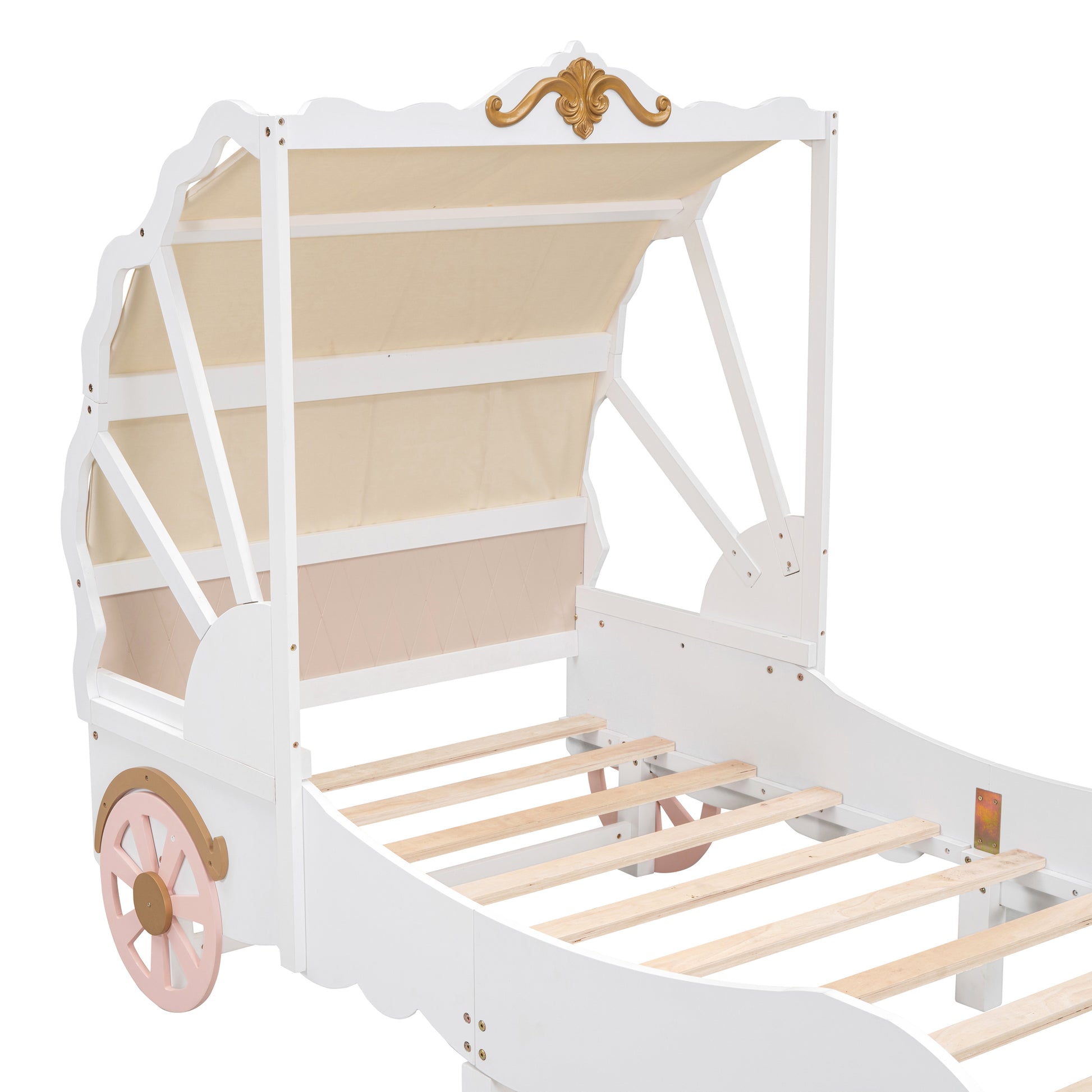 Twin Size Princess Carriage Bed with Canopy, Wood Platform Car Bed with 3D Carving Pattern, White+Pink+Gold House to Home Furnishings LLC