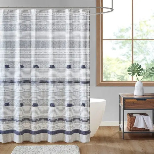 Cotton Stripe Printed Shower Curtain with Tassel Gray/Navy Olliix.com