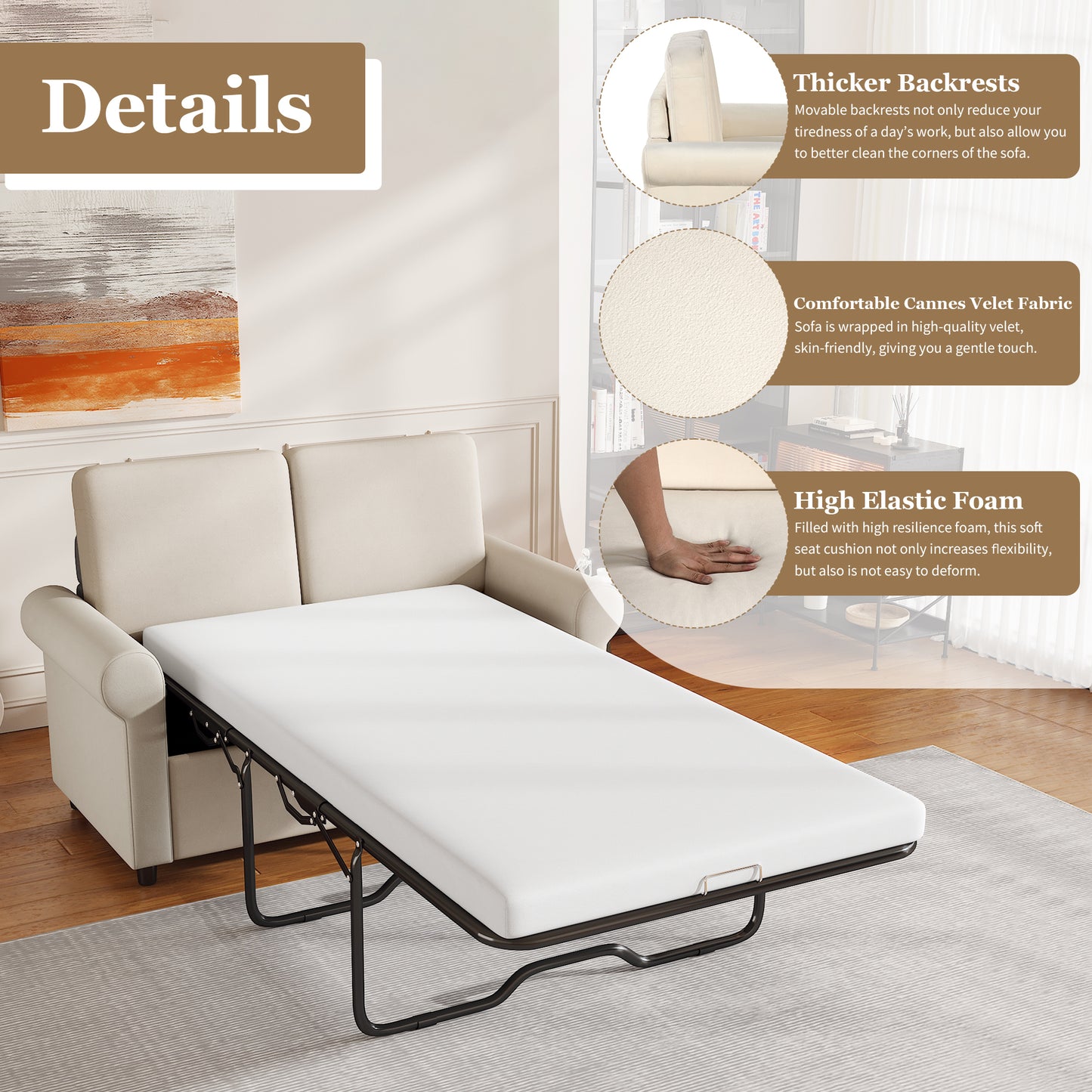 57.4" Pull Out Sofa Bed,Sleeper Sofa Bed with Premium Twin Size Mattress Pad,2-in-1 Pull Out Couch Bed with Two USB Ports for Living Room,Small Apartment, Beige(Old SKU:WF296899) House to Home Furnishings LLC