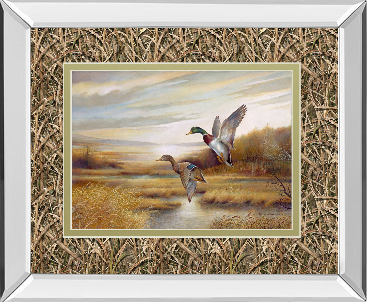 34x40 Mallards By Ruanne Manning And Mossy Oak Native Living - Mirror Framed Print Wall Art - Dark Brown Classy Art