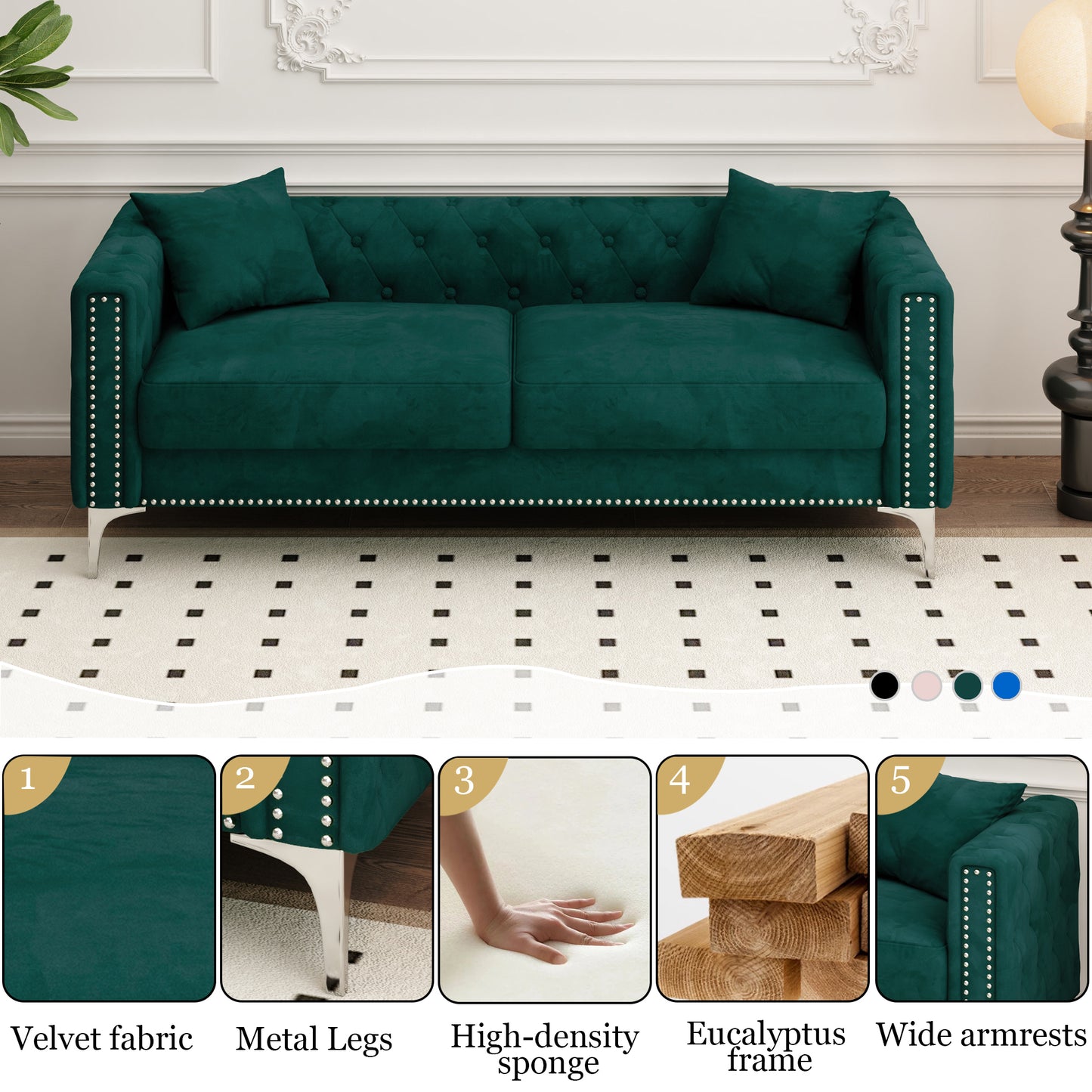 Sofa includes 2 pillows, 83 "green velvet triple sofa for small Spaces House to Home Furnishings LLC