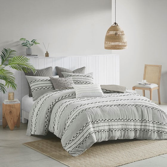 3 Piece Organic Cotton Jacquard Comforter Set Charcoal Full/Queen Olliix.com