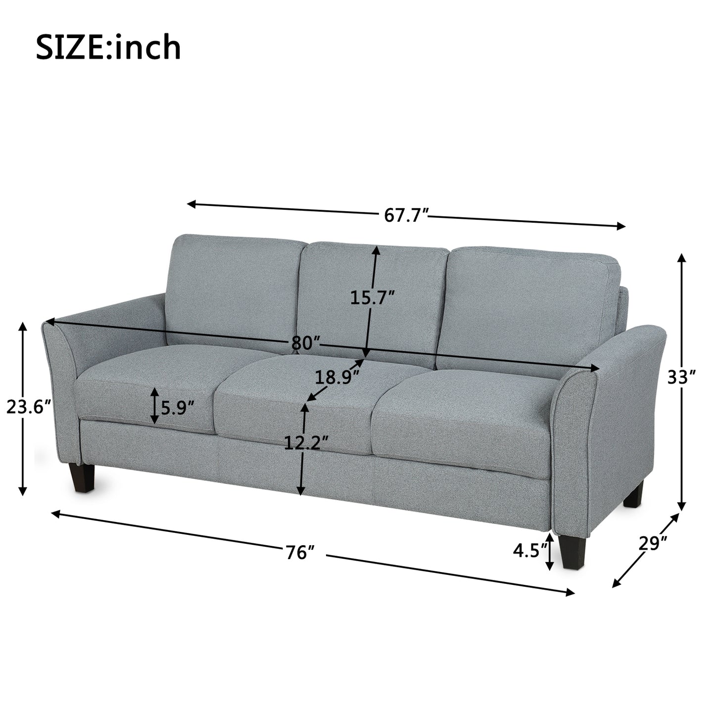 3-Seat Sofa Living Room Linen Fabric Sofa (Gray) House to Home Furnishings LLC