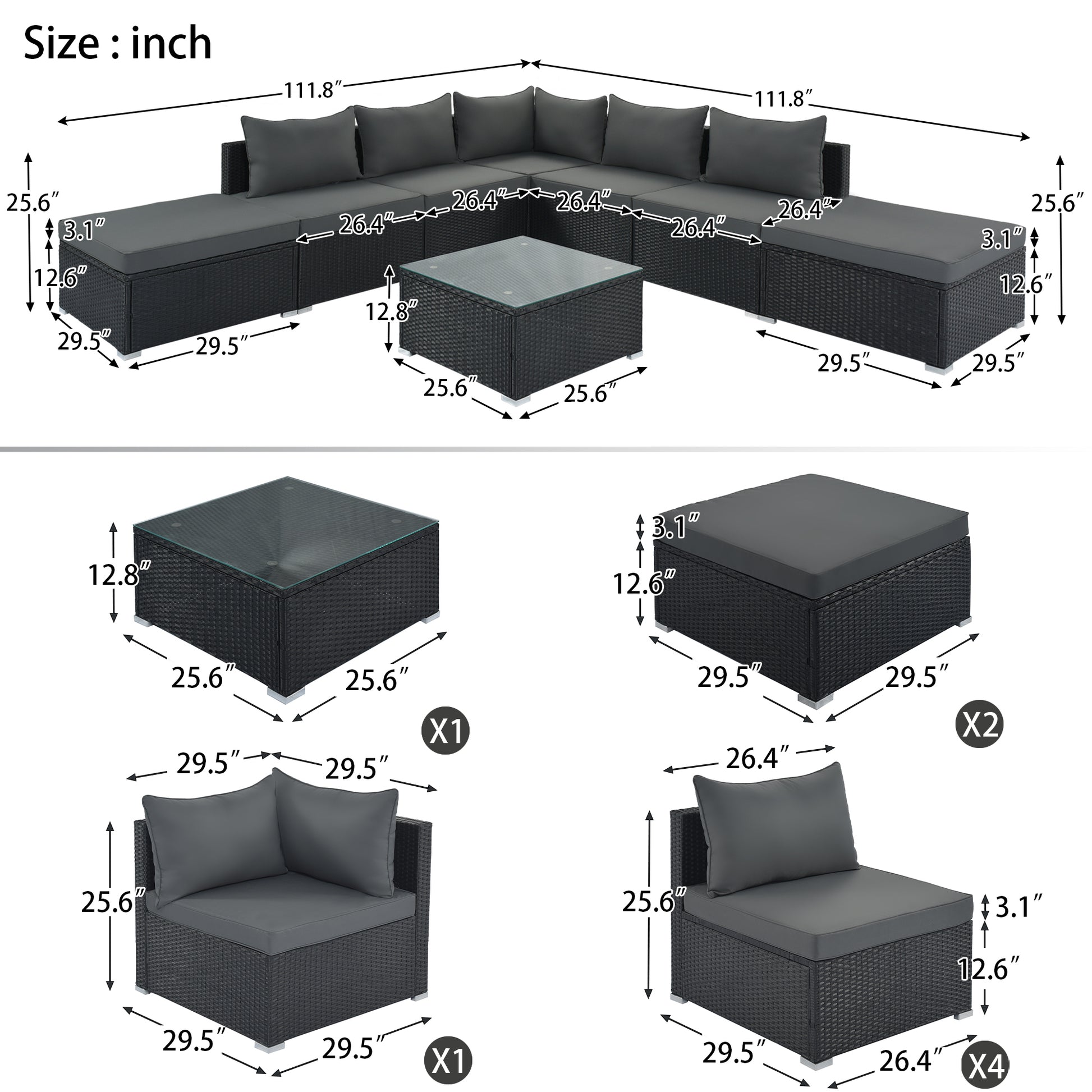 8-Pieces Sectional Sofa Outdoor Patio Furniture Sets, Garden Conversation Wicker Sofa Set, Single Sofa Combinable, Gray Cushions Black Wicker House to Home Furnishings LLC