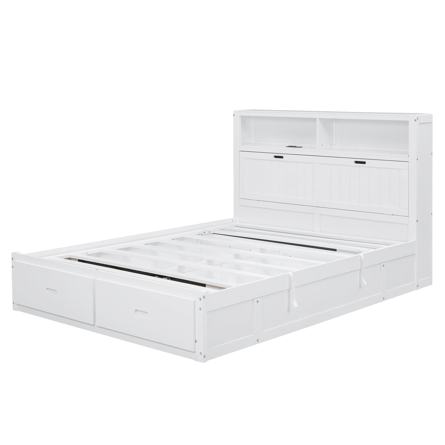 Wood Queen Size Hydraulic Platform Bed with Storage LED Headboard, Charging Station and 2 Drawers, White (FREE SHIPPING) House to Home Furnishings LLC