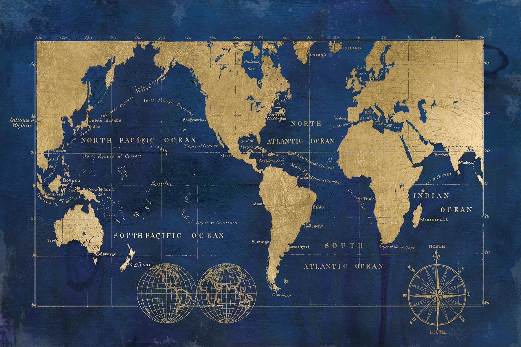 Small - Indigo World Map By Carol Robinson - Blue Classy Art