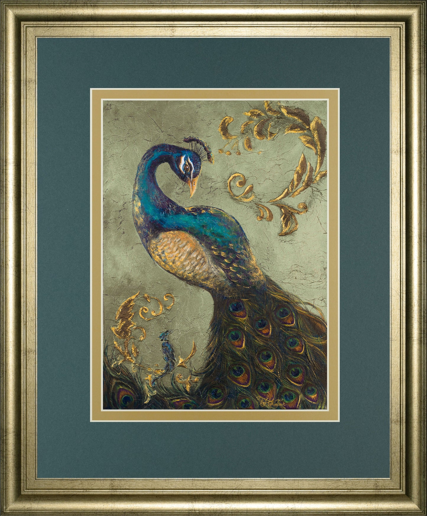 34x40 Peacock On Sage Il By Tiffany Hakimipour - Framed Print Wall Art - Blue Classy Art