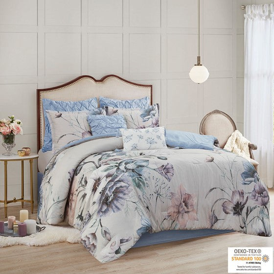 8 Piece Cotton Printed Comforter Set Blue Queen Olliix.com