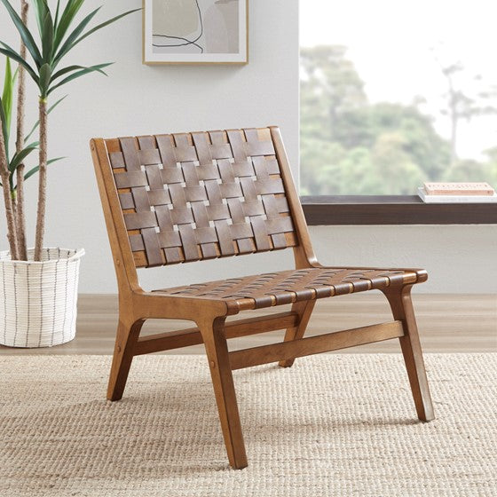 Faux Leather Woven Accent Chair Brown Olliix.com