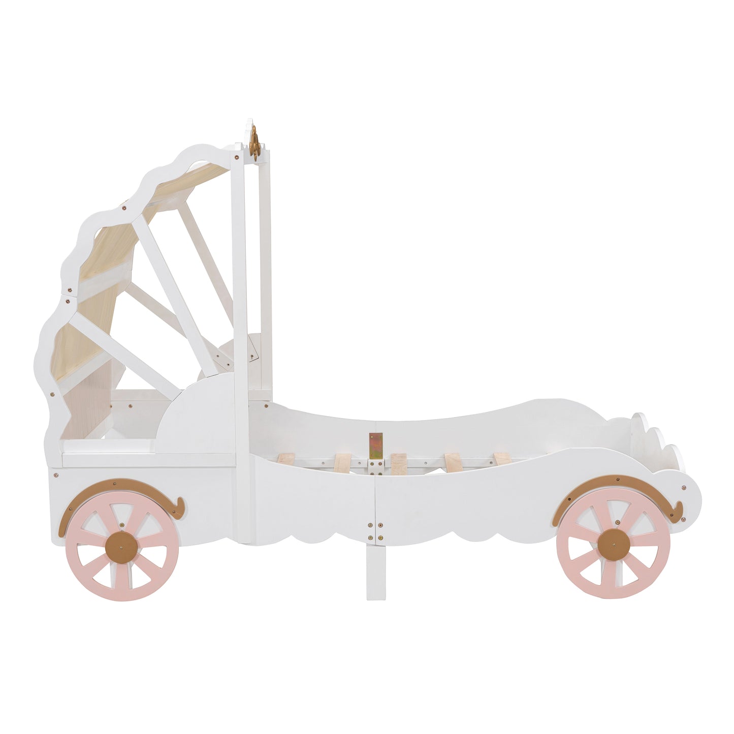 Twin Size Princess Carriage Bed with Canopy, Wood Platform Car Bed with 3D Carving Pattern, White+Pink+Gold House to Home Furnishings LLC