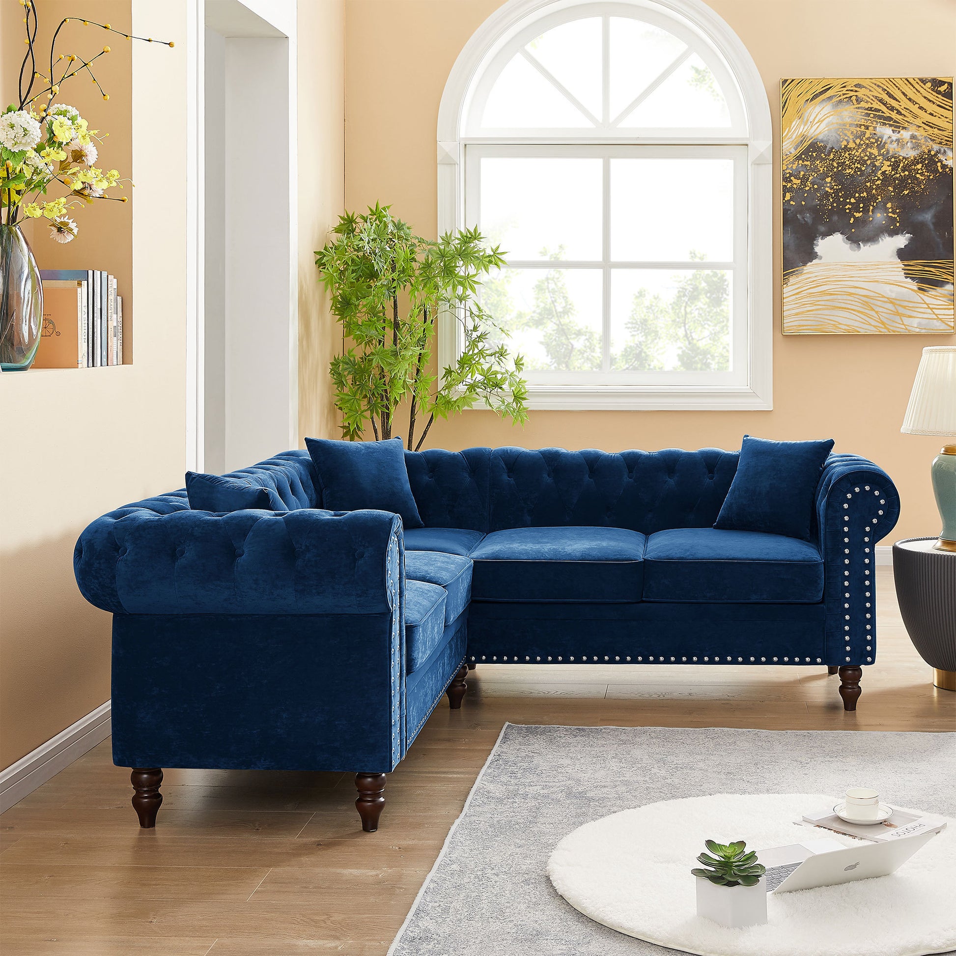 80" Inch Deep Button Tufted Upholstered Roll Arm Luxury Classic Chesterfield L-shaped Sofa 3 Pillows Included, Solid Wood Gourd Legs, Blue Velvet House to Home Furnishings LLC