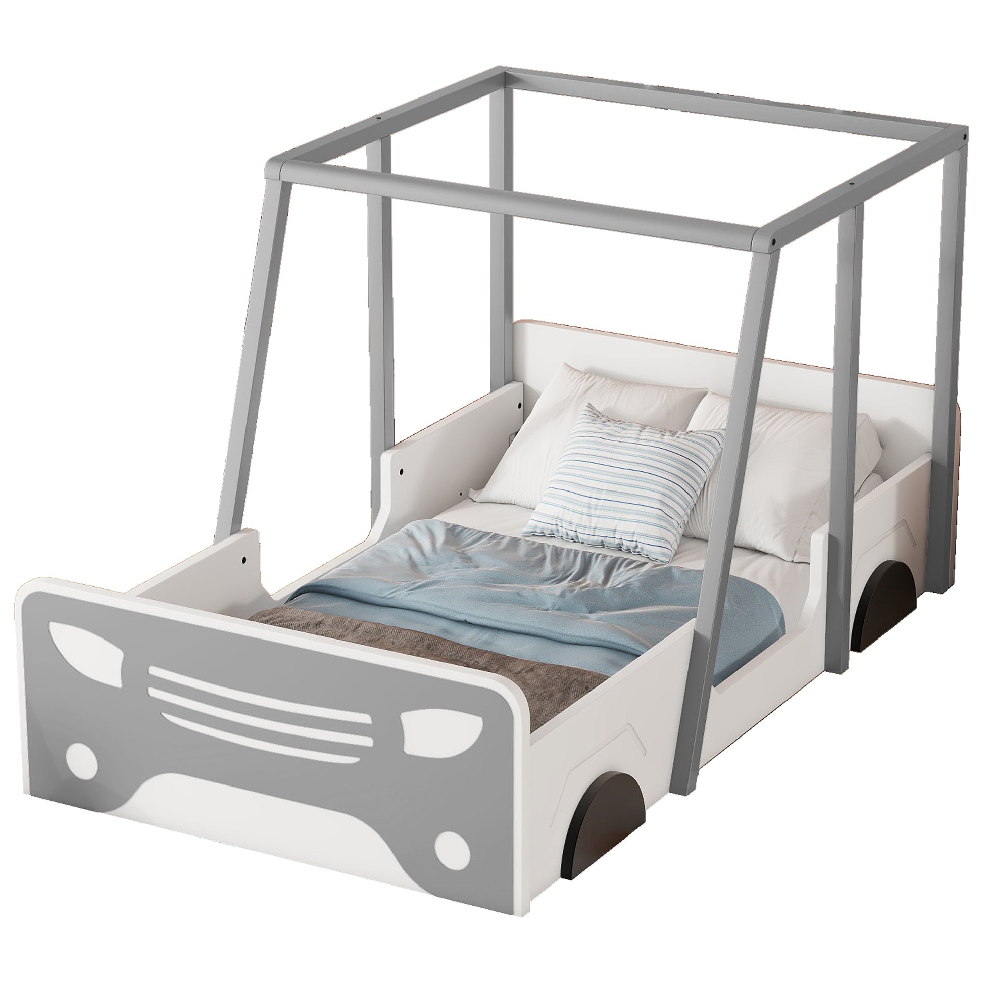 Twin Size Car-shaped Bed with Roof,Wooden Twin Floor Bed with wheels and door Design,Montessori Inspired Bedroom,Grey House to Home Furnishings LLC