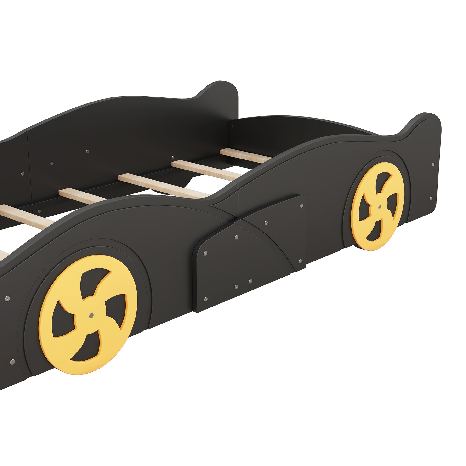 Twin Size Race Car-Shaped Platform Bed with Wheels and Storage, Black+Yellow House to Home Furnishings LLC