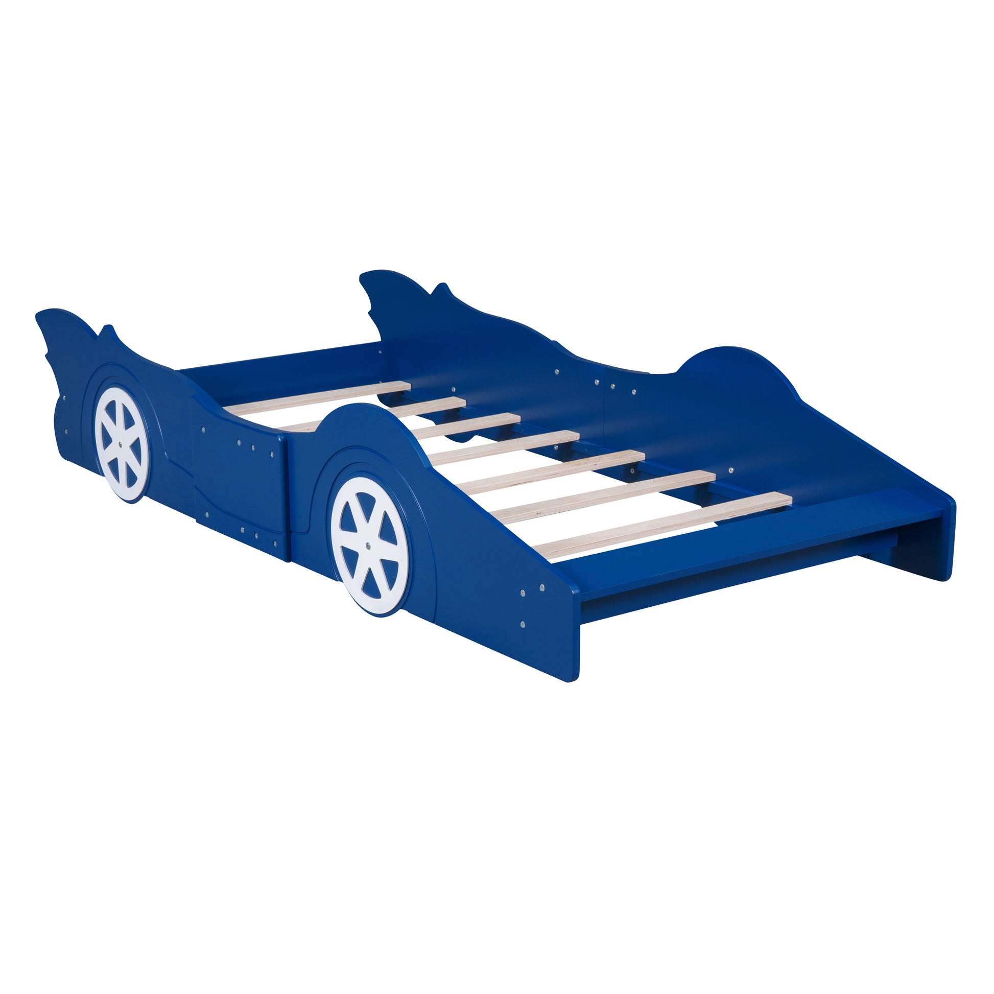 Twin Size Race Car-Shaped Platform Bed with Wheels,Blue (FREE SHIPPING) House to Home Furnishings LLC