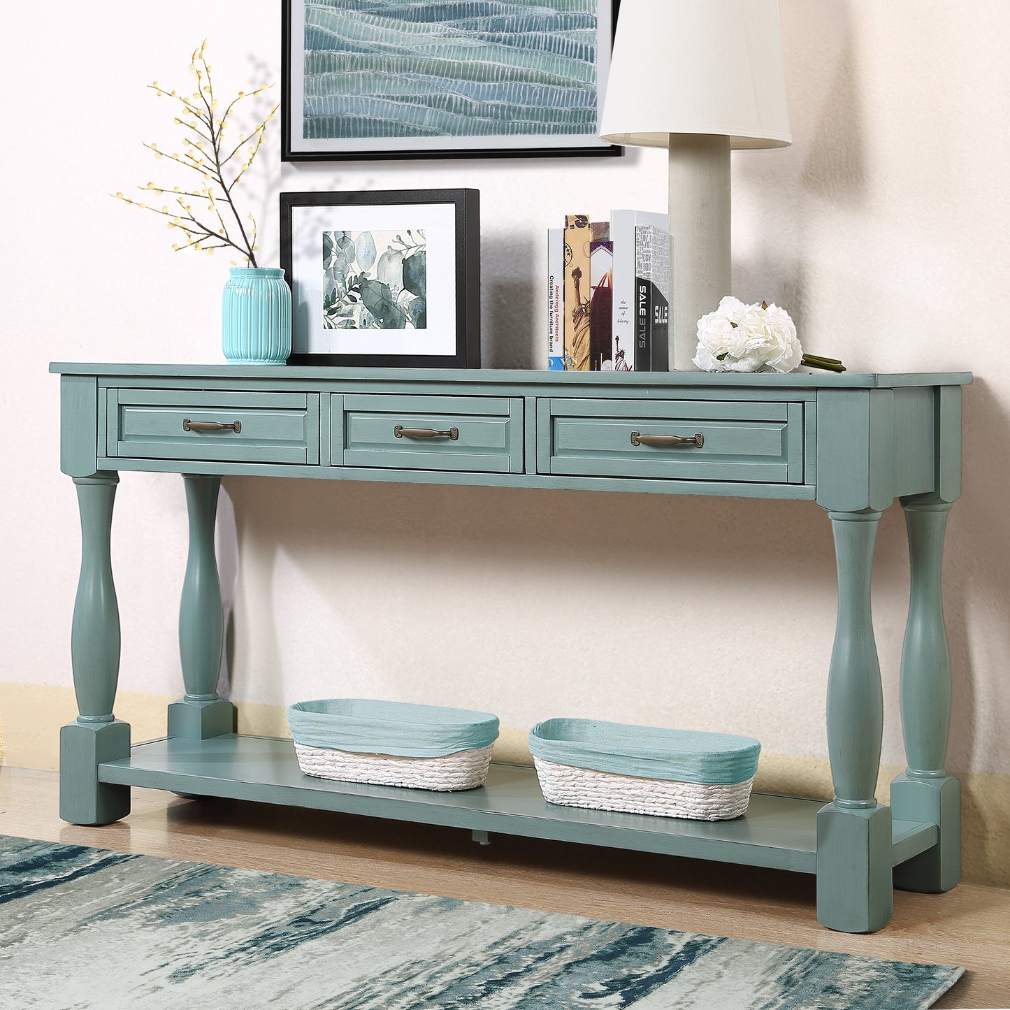 63inch Long Wood Console Table with 3 Drawers and 1 Bottom Shelf for Entryway Hallway Easy Assembly Extra-thick Sofa Table ( Retro Blue) House to Home Furnishings LLC