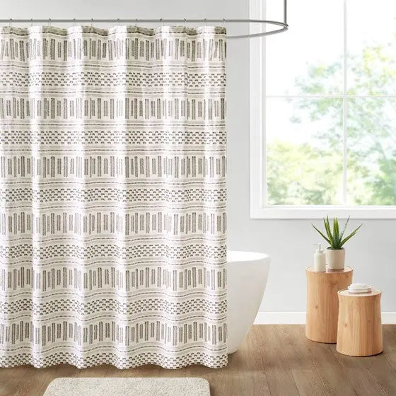 Cotton Jacquard Shower Curtain Ivory/Charcoal Olliix.com