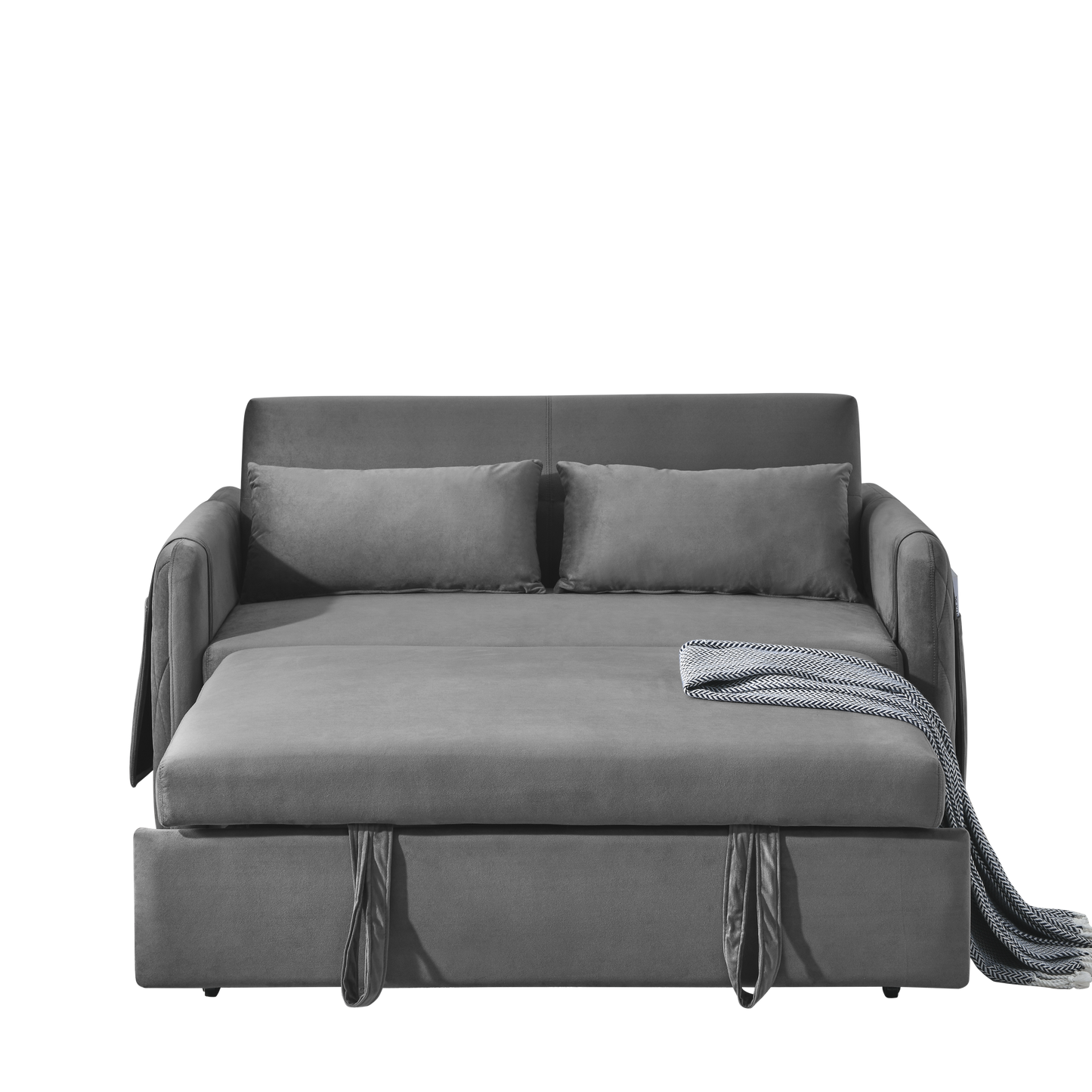 55" Modern Convertible Sofa Bed with 2 Detachable Arm Pockets, Velvet Loveseat Sofa with Pull Out Bed, 2 Pillows and Living Room Adjustable Backrest, Grid Design Armrests House to Home Furnishings LLC