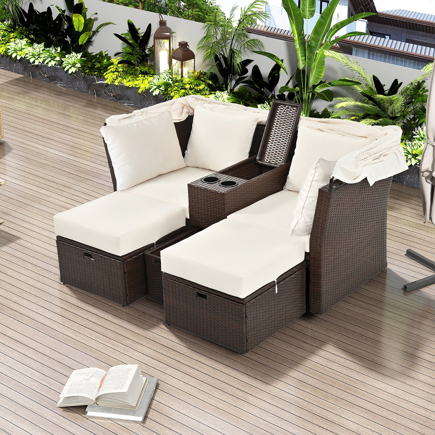 2-Seater Outdoor Patio Daybed Outdoor Double Daybed Outdoor Loveseat Sofa Set with Foldable Awning and Cushions for Garden, Balcony, Poolside, Beige ***(FREE SHIPPING)*** House to Home Furnishings LLC