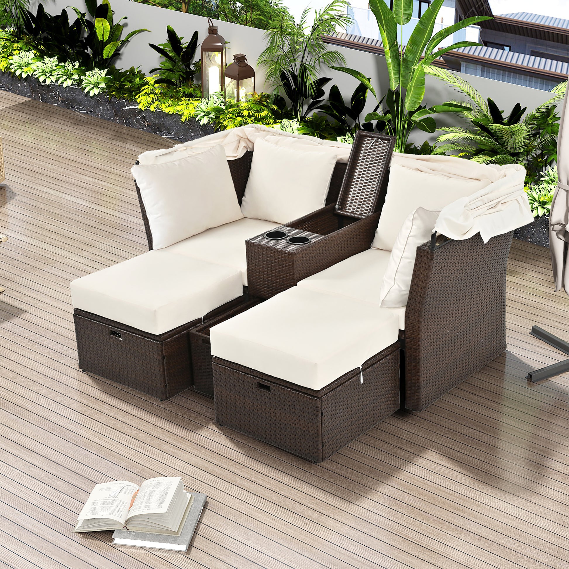 2-Seater Outdoor Patio Daybed Outdoor Double Daybed Outdoor Loveseat Sofa Set with Foldable Awning and Cushions for Garden, Balcony, Poolside, Beige ***(FREE SHIPPING)*** House to Home Furnishings LLC