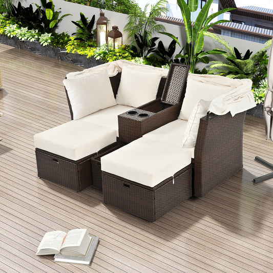 2-Seater Outdoor Patio Daybed Outdoor Double Daybed Outdoor Loveseat Sofa Set with Foldable Awning and Cushions for Garden, Balcony, Poolside, Beige ***(FREE SHIPPING)***