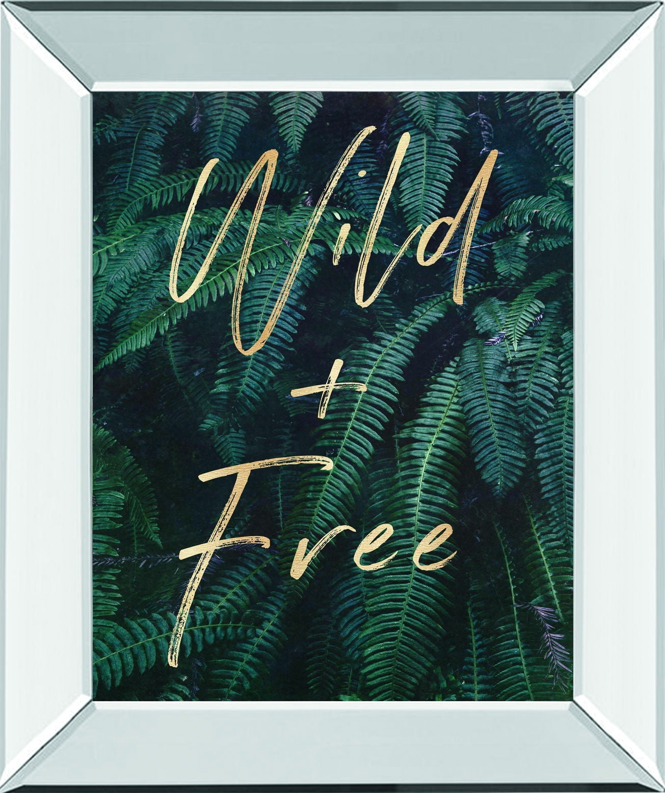 Wild And Free Gold & Green Ferns By Nature Magick - Mirror Framed Print Wall Art - Blue Classy Art