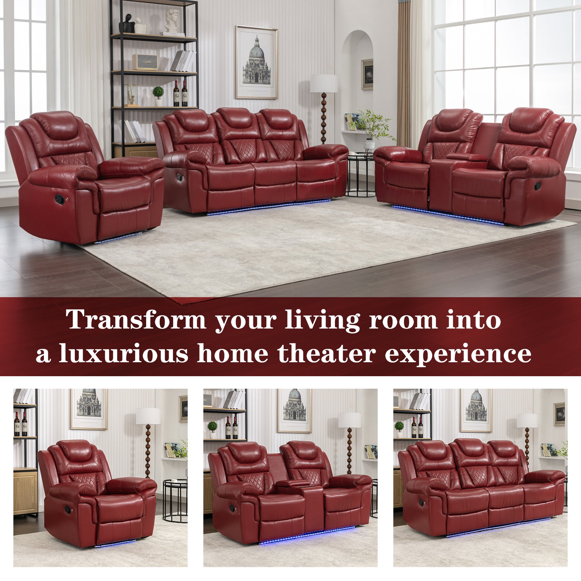 3 Pieces Recliner Sofa Sets Home Theater Seating Manual Recliner Chair with Center Console and LED Light Strip for Living Room, Wind Red House to Home Furnishings LLC