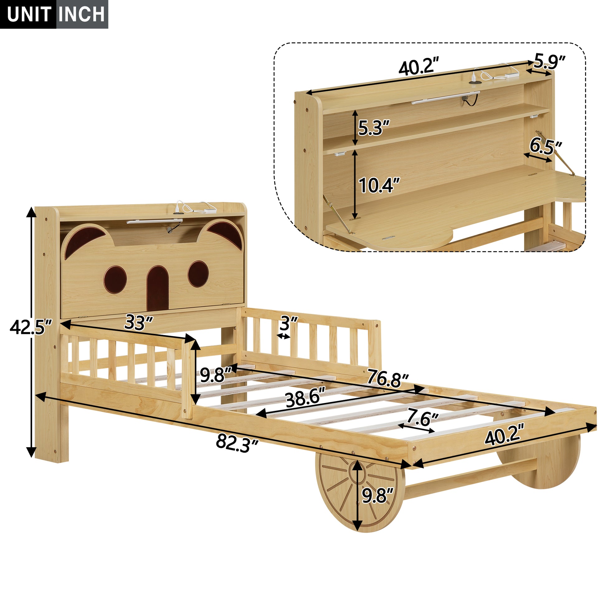 Twin Size Car Bed with Bear-Shaped Headboard, USB and LED, Natural House to Home Furnishings LLC