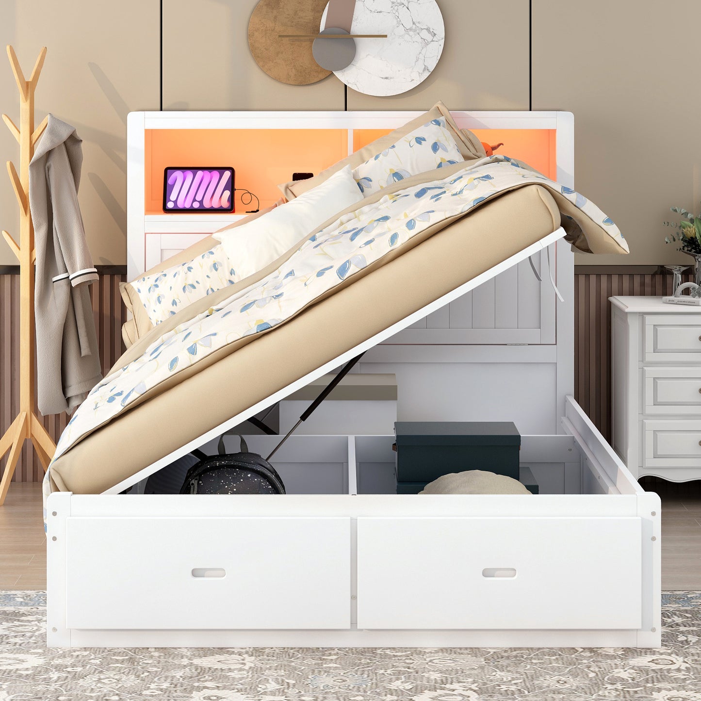 Wood Queen Size Hydraulic Platform Bed with Storage LED Headboard, Charging Station and 2 Drawers, White (FREE SHIPPING) House to Home Furnishings LLC