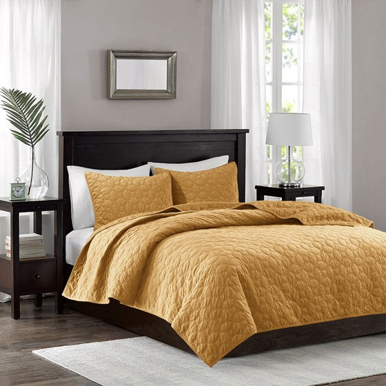 3 Piece Velvet Quilt Set Mustard Full/Queen Olliix.com